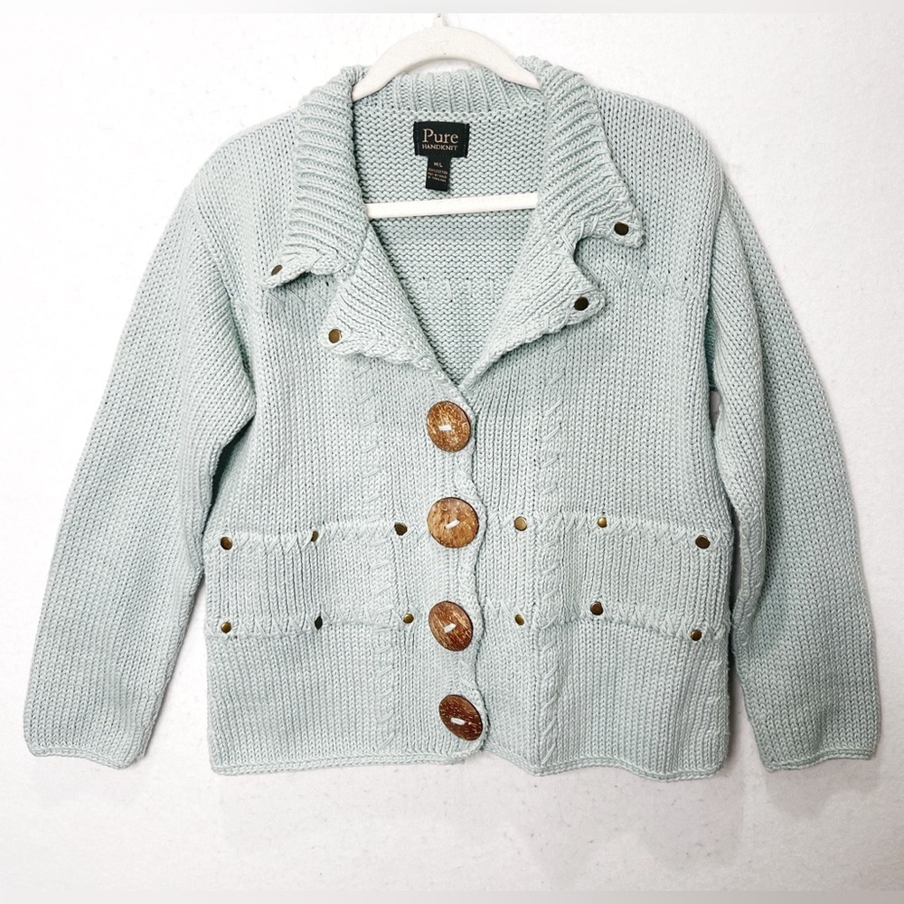 Pure Handknit Sea Glass 100% Cotton Knit by Hand Cardigan Sweater Large Buttons